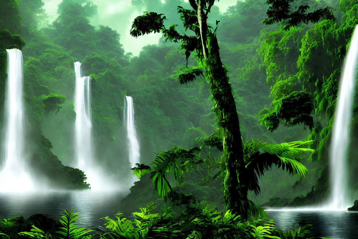 Lush Green Tropical Forest with Cascading Waterfalls