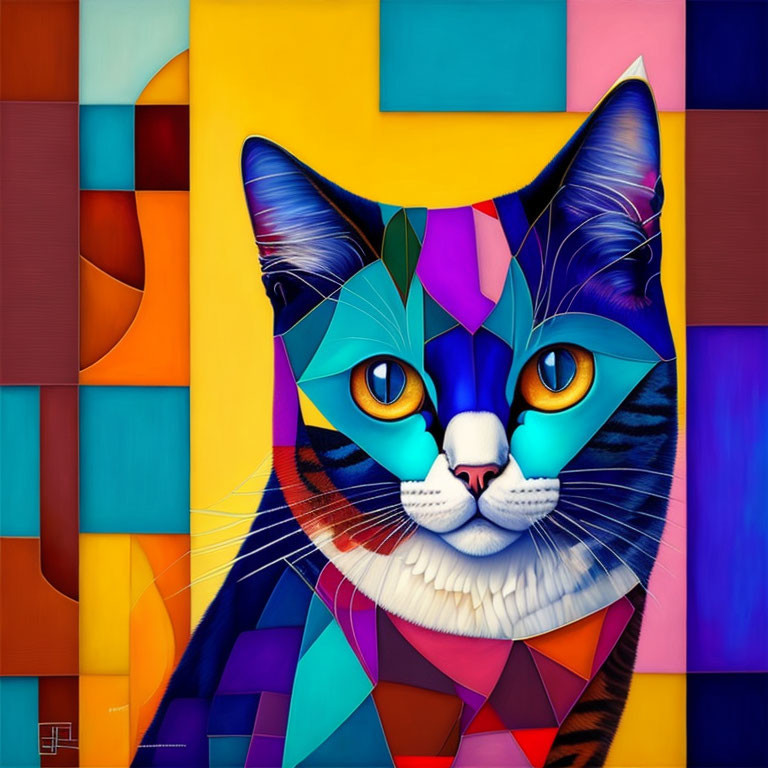 Vibrant geometric abstract art with stylized cat in colorful patterns