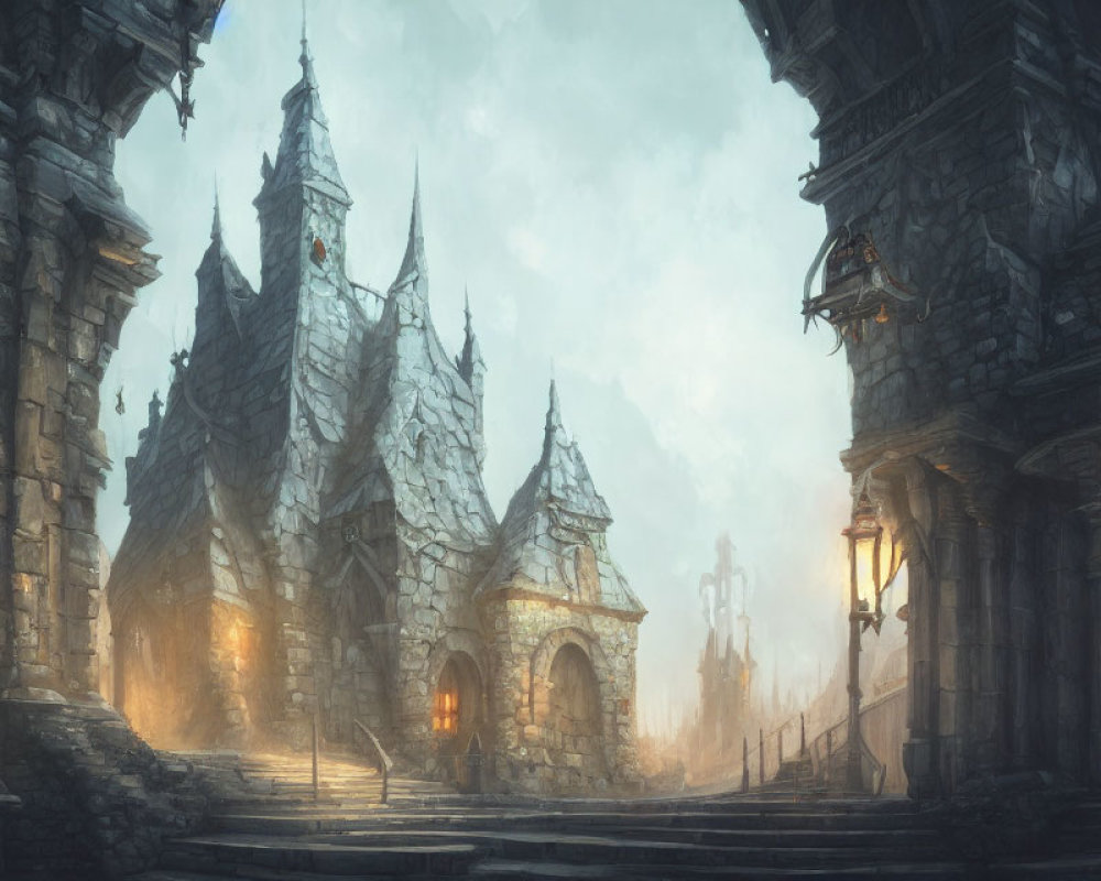 Mystical fog-shrouded castle in medieval fantasy setting