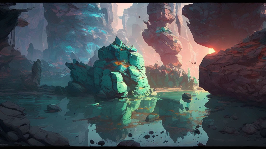 Digital Art: Mystical Landscape with Floating Rocks and Setting Sun Glow