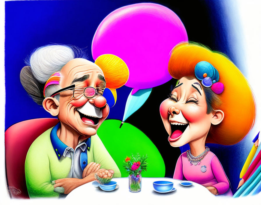 Elderly Clown Couple Laughing with Pink Bubble Gum Bubble