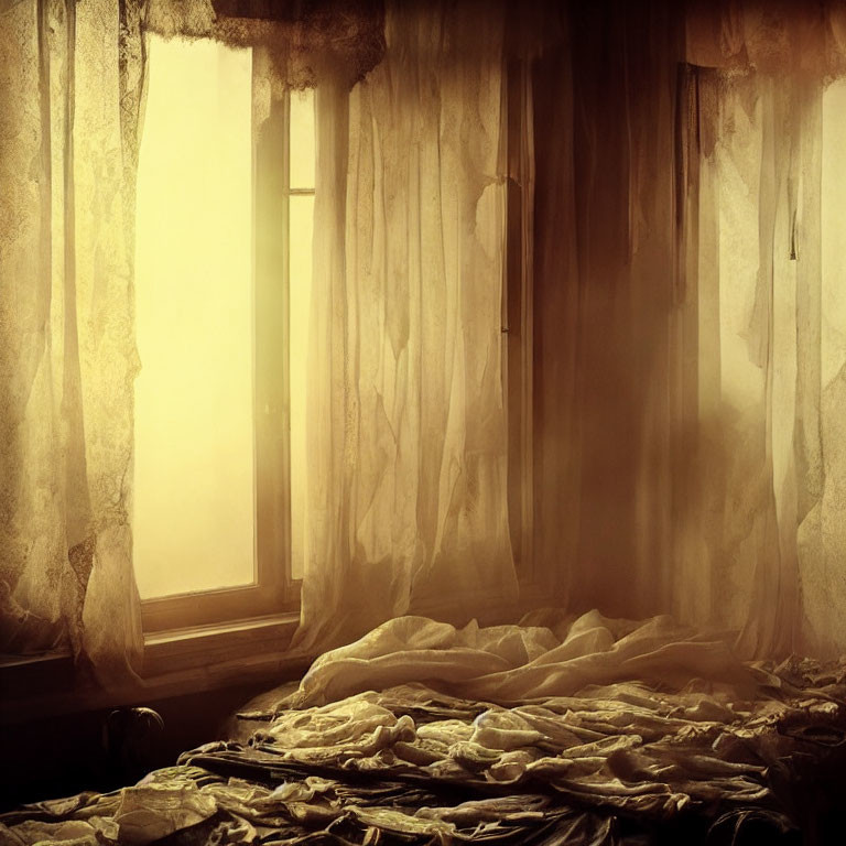 Sunlight filters through sheer curtain onto crumpled bed sheets