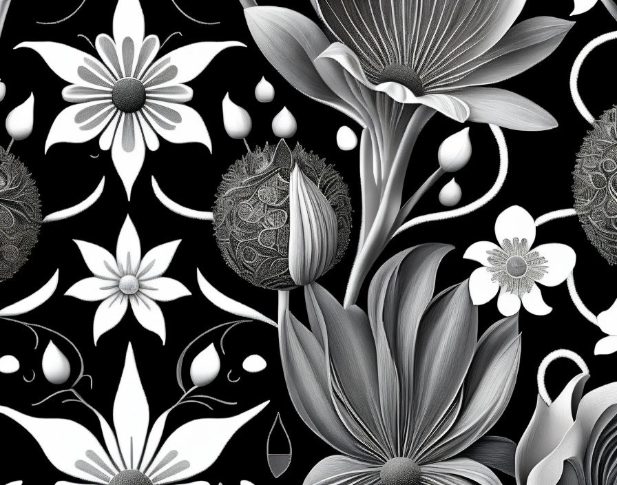 Monochromatic floral pattern with stylized and realistic elements on black background