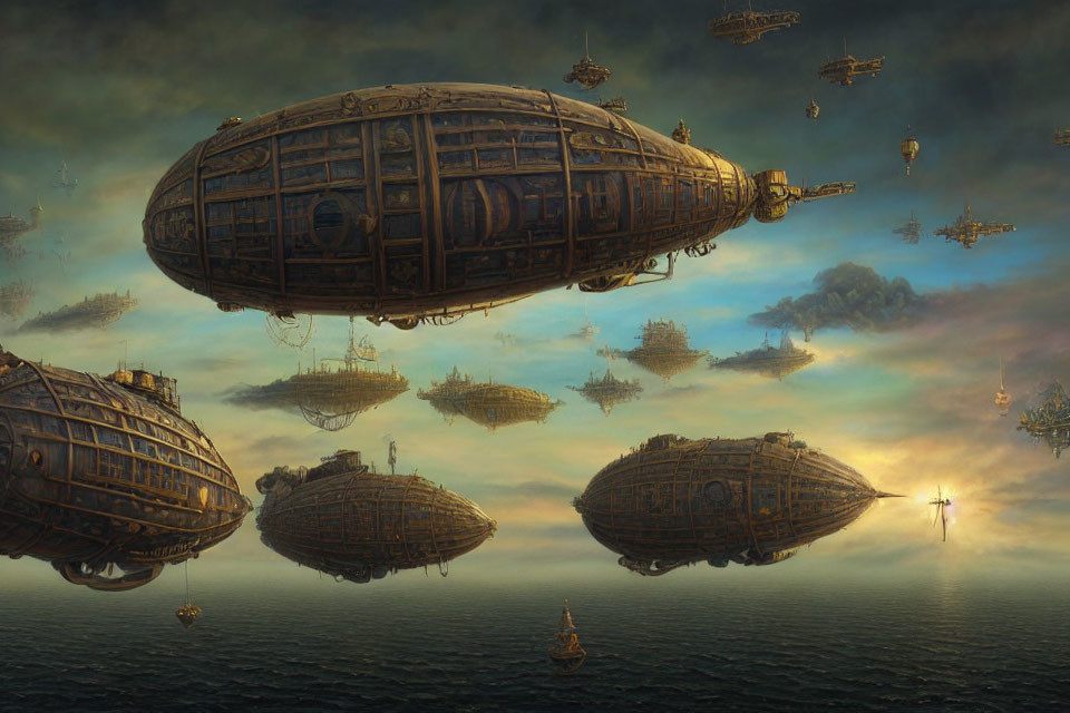 Steampunk-style airships in cloudy sunset sky