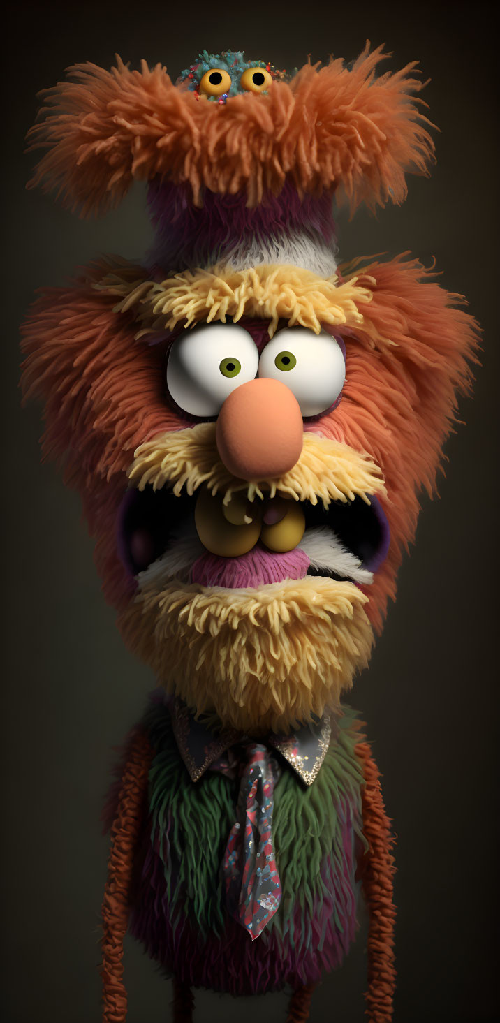 Colorful 3D render of whimsical fuzzy character with big eyes and purple nose