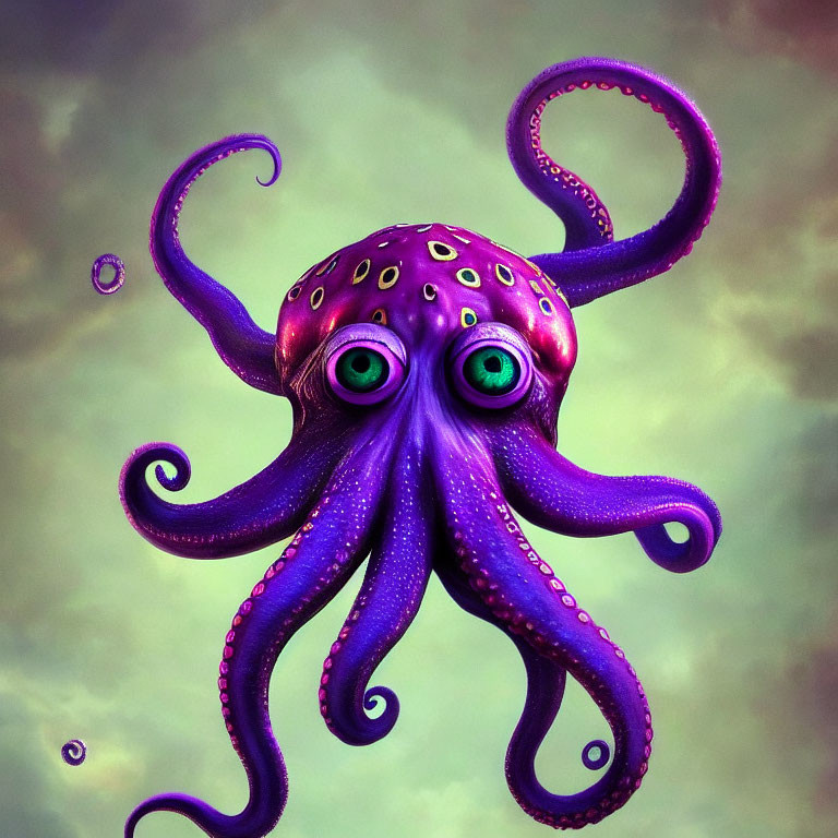 Purple octopus with expressive green eyes on mottled background