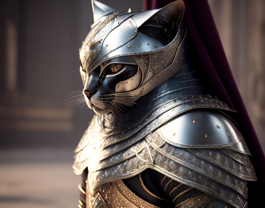 Detailed Silver and Gold Medieval Armor Cat Artwork