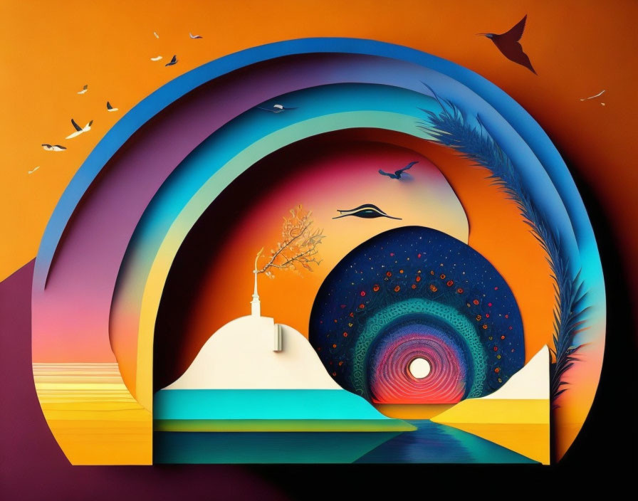 Vibrant abstract landscape with concentric arches, birds, desert, and starry sky.