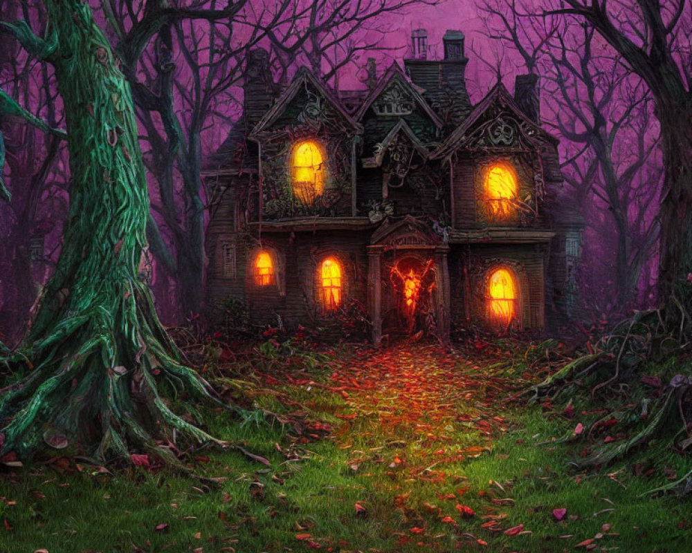 Spooky Victorian house in misty purple forest