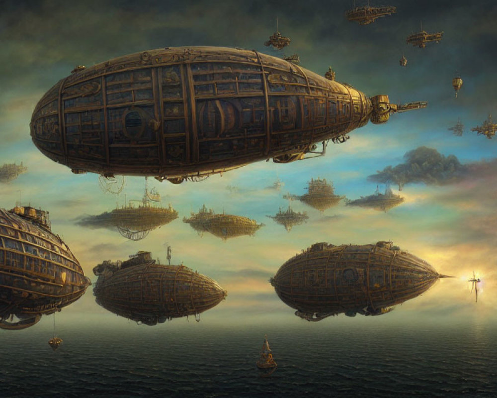 Steampunk-style airships in cloudy sunset sky