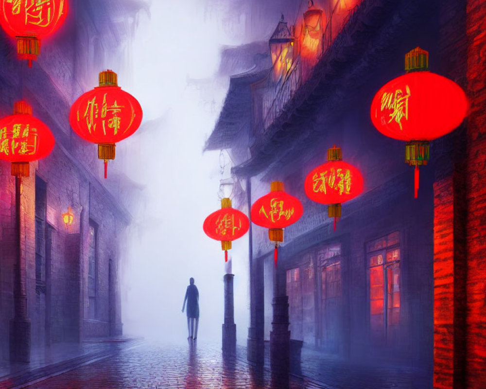 Misty traditional street with glowing red lanterns at night