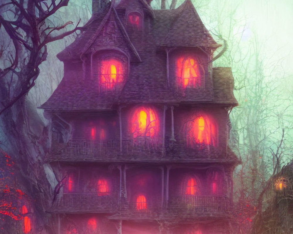 Victorian house with glowing red windows in misty ambiance.