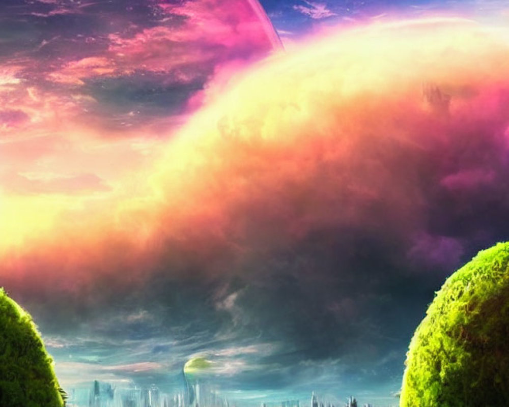 Futuristic sci-fi landscape with colorful alien sky and hovering spacecrafts