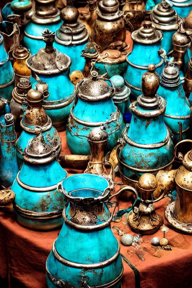 Vintage Turquoise and Brass Pitchers and Pots with Patina on Display