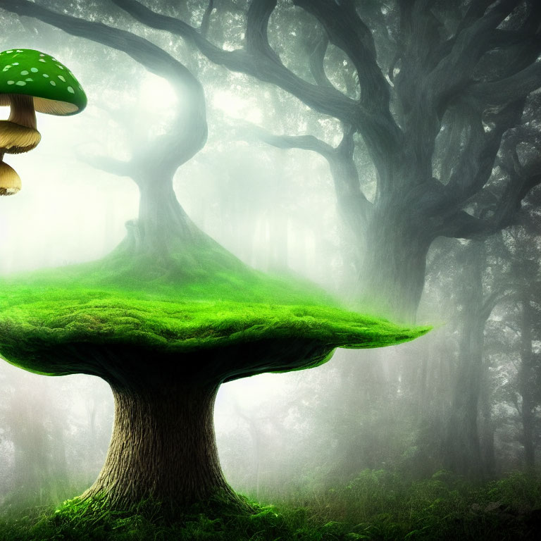 Enchanting forest scene with moss-covered tree platform and red-spotted mushrooms
