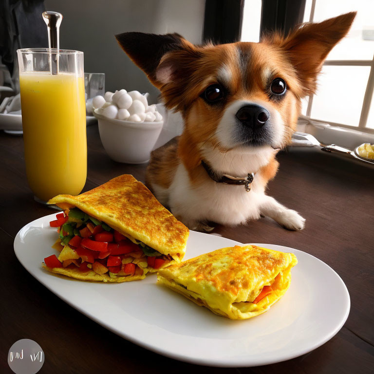 Dog sitting at table with omelette and orange juice, gazing at camera