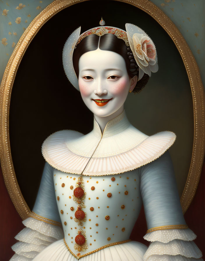 Artistic fusion of Asian and Renaissance styles: Woman in ornate gold attire.