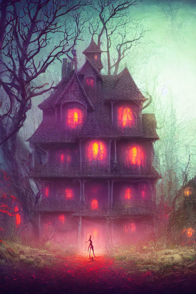 Victorian house with glowing red windows in misty ambiance.
