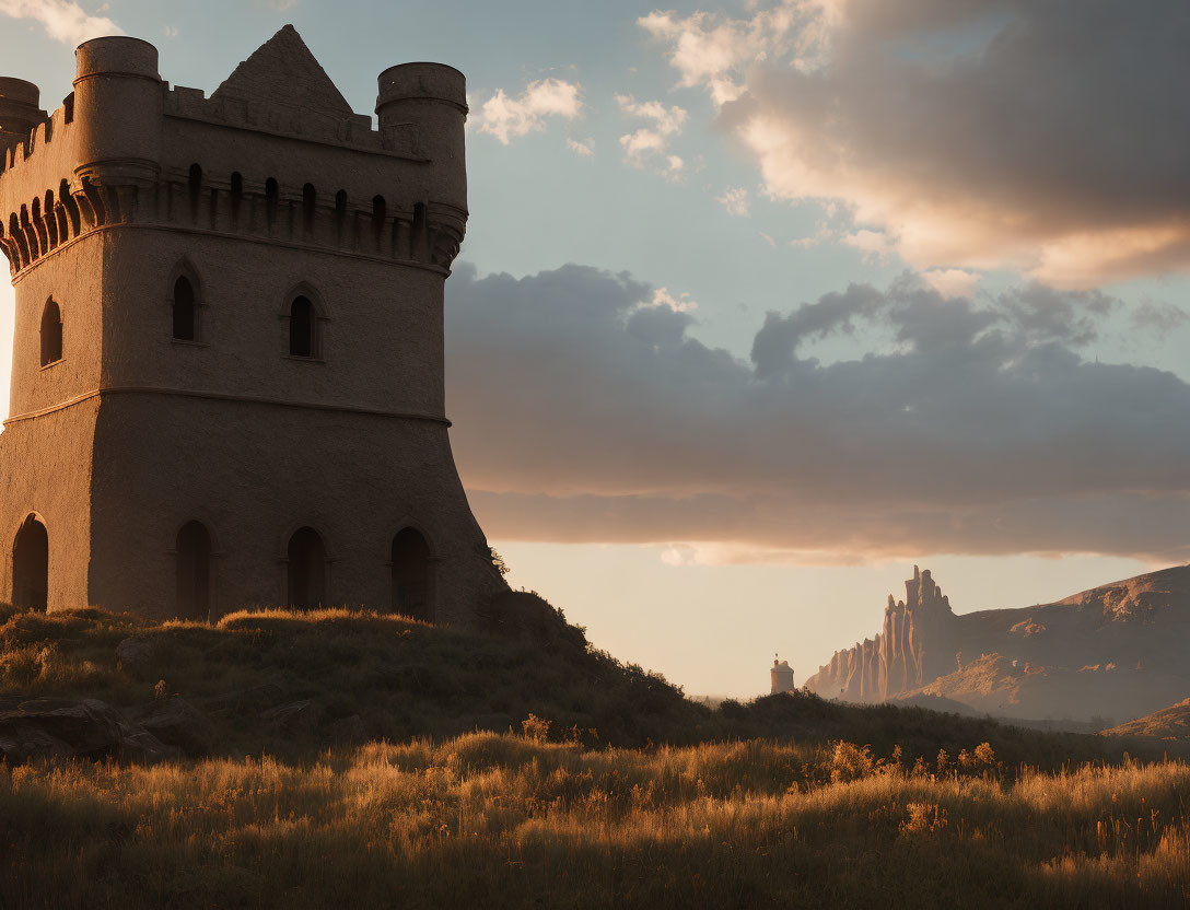 Ancient castle at sunset with warm light on rocky hills