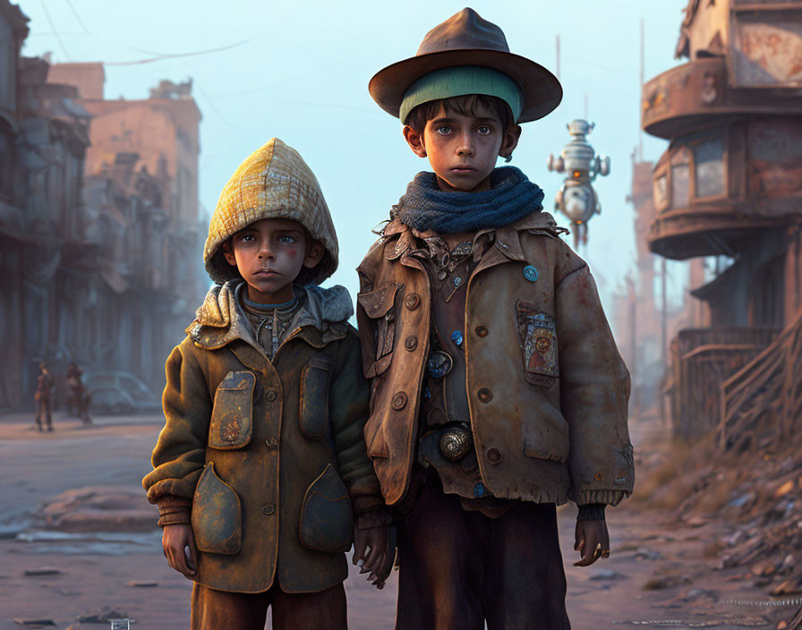 Children in worn clothing in desolate dystopian cityscape with hat and scarf