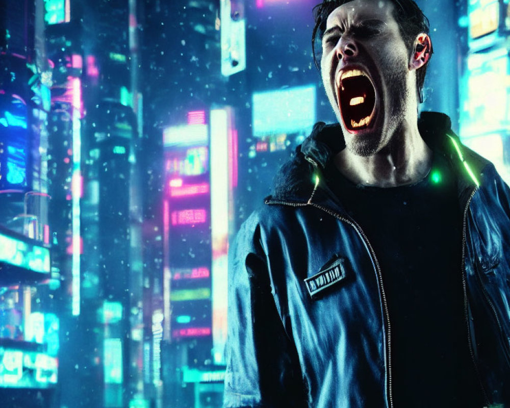 Intense man yelling in front of neon-lit cityscape at night