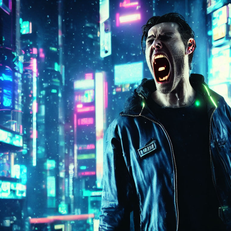 Intense man yelling in front of neon-lit cityscape at night