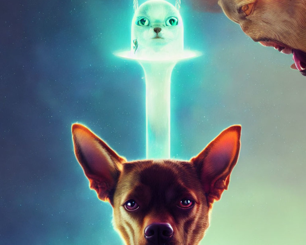 Surreal image of cat on glowing sword with dog faces.