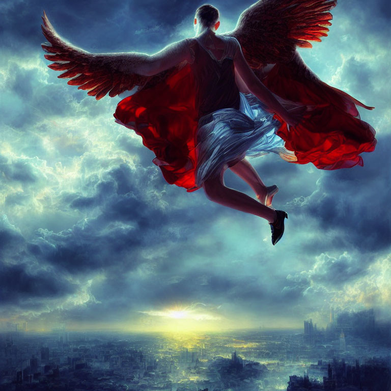 Large-winged angel flying over city at sunrise with bright light.
