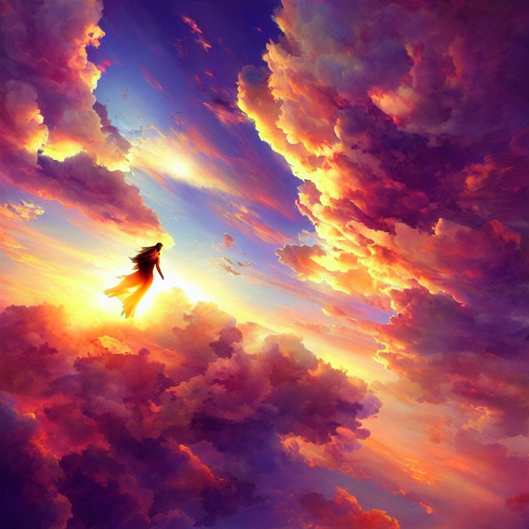 Bird flying in vibrant sunset sky with billowing clouds