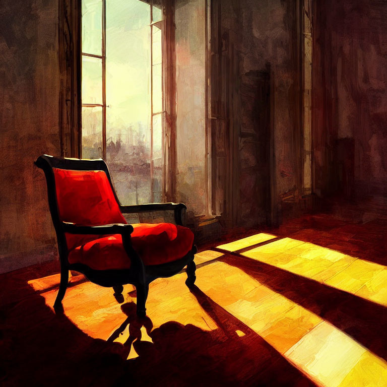 Colorful artwork: Red chair in sunlight-filled room