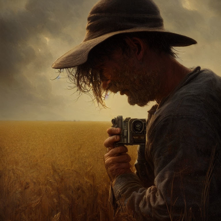 Bearded man in hat with camera in wheat field under cloudy sky