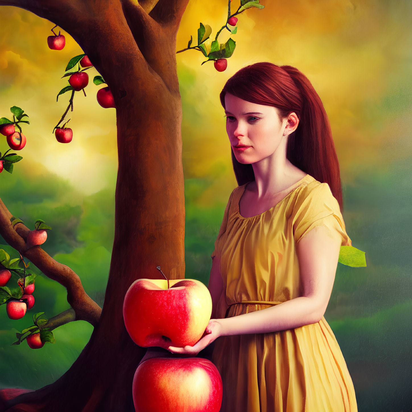 Woman in Yellow Dress Holding Apple by Apple Tree in Sunlight