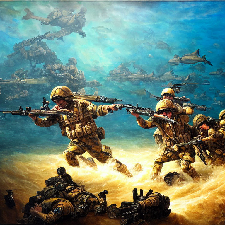 Military soldiers underwater with sharks and a mech in combat illustration