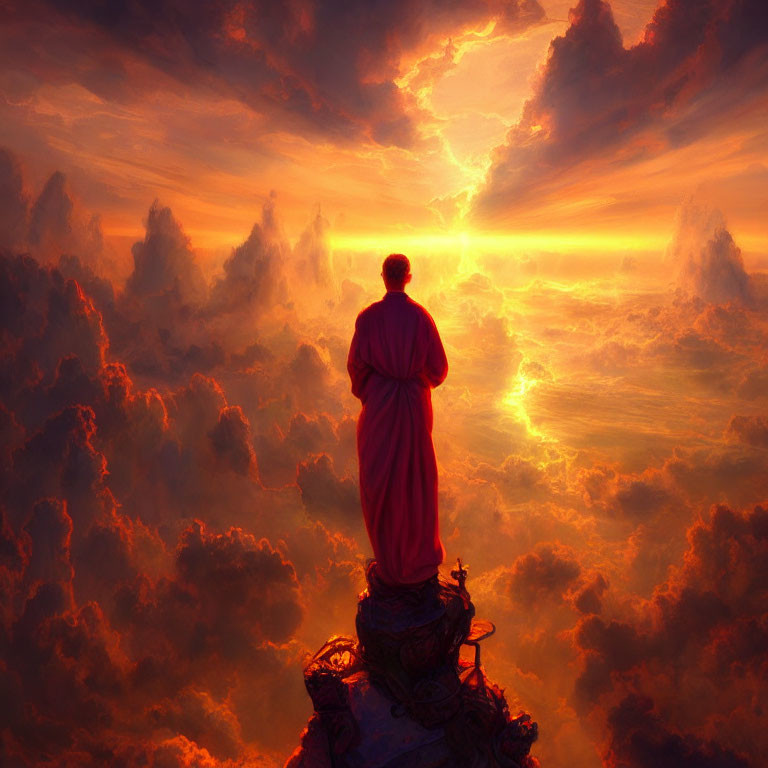 Person in Red Robe Standing on Pillar Under Radiant Sunset Sky