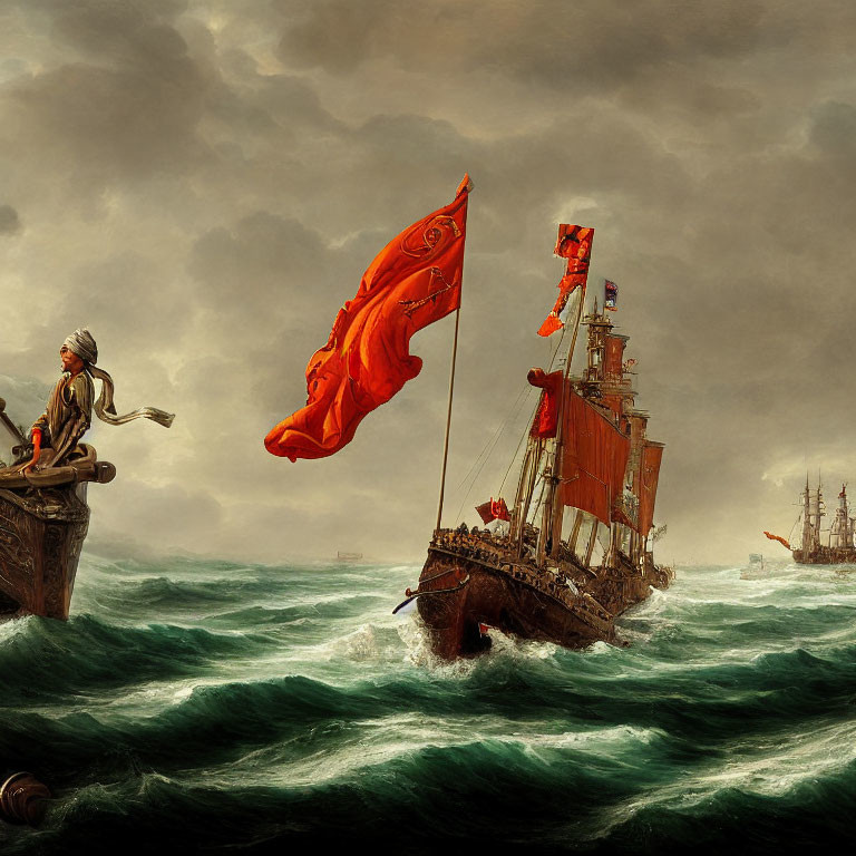 Turbulent sea painting with ships, red sails, and person holding flag