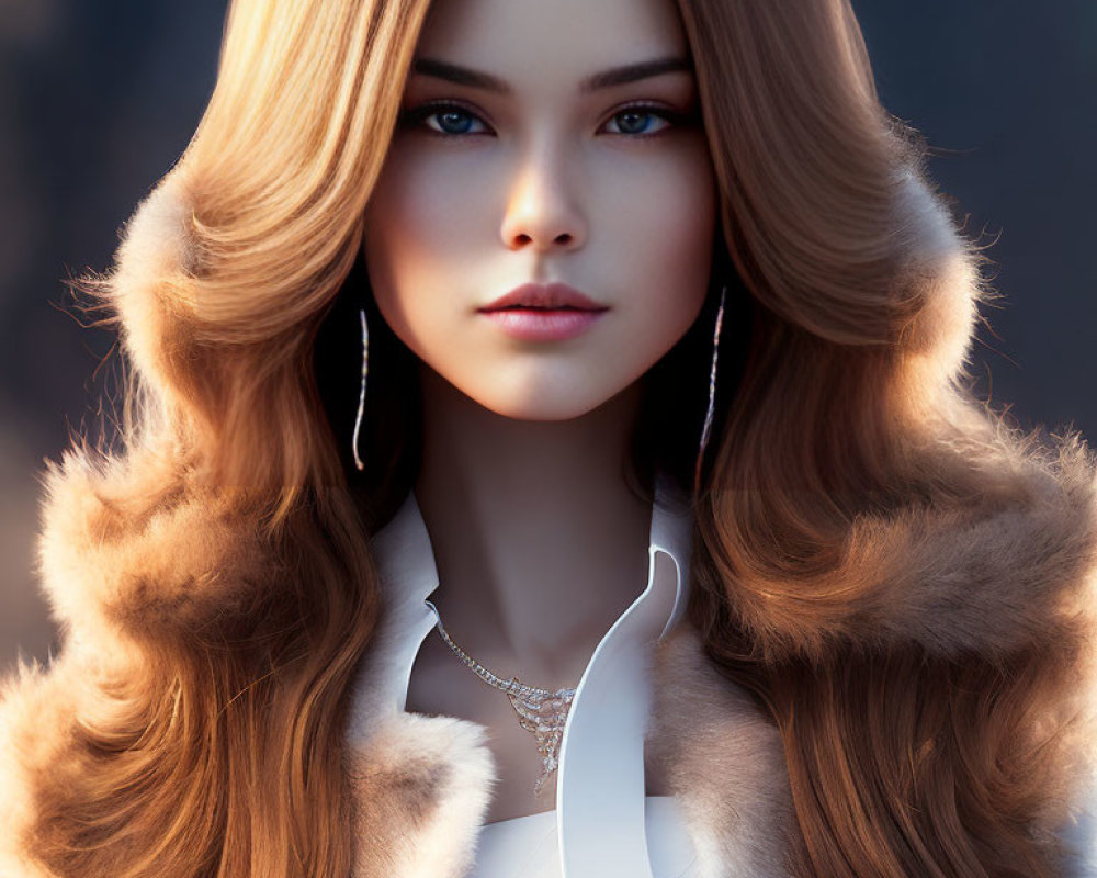 Digital artwork: Woman with voluminous wavy hair, blue eyes, white shirt, fur coat,