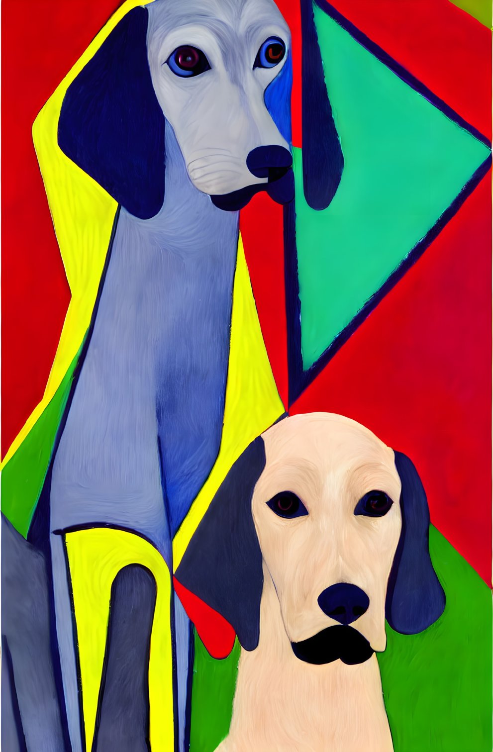 Colorful abstract painting featuring stylized dogs and geometric shapes