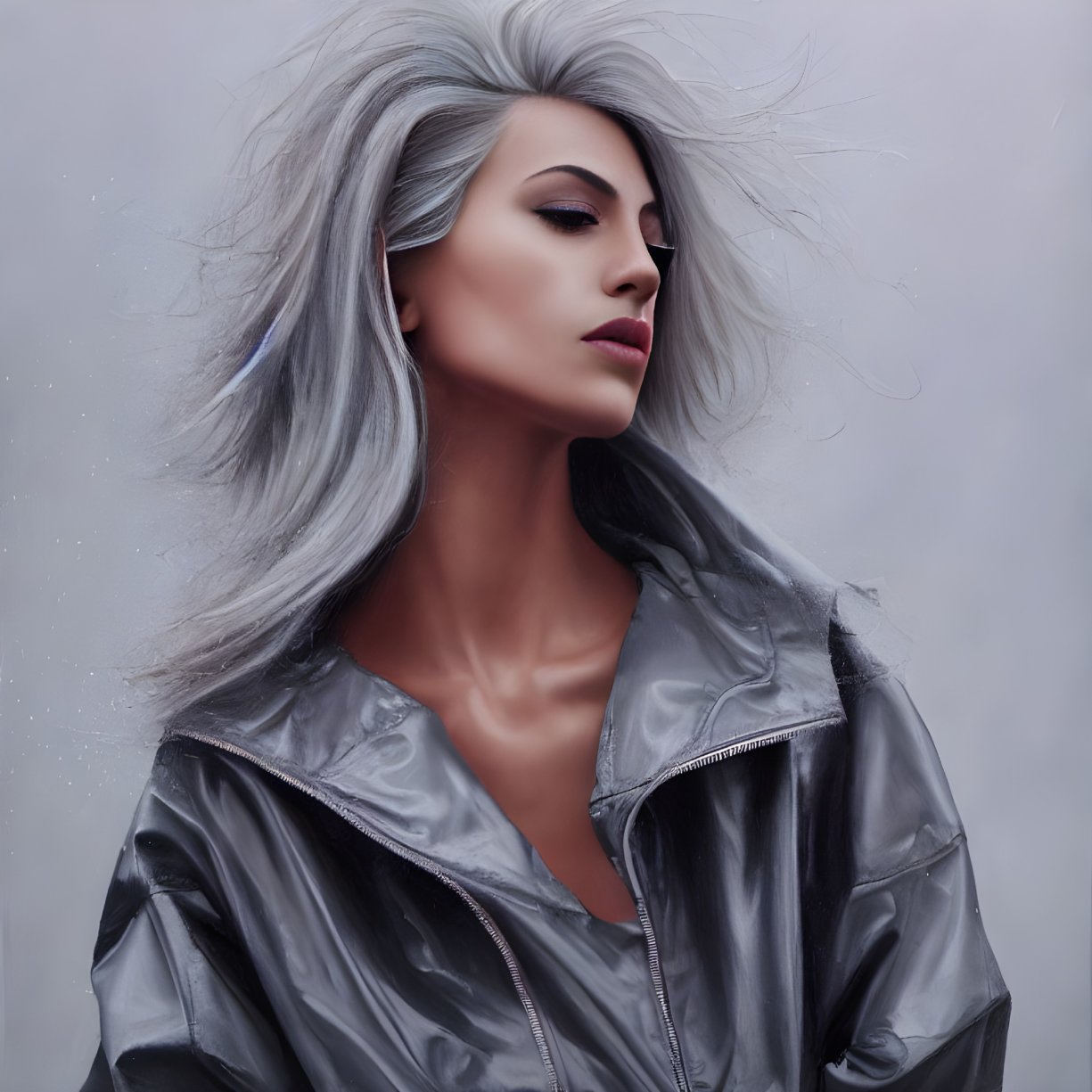 Illustration: Stylish woman with silver hair and jacket, emitting sophistication.