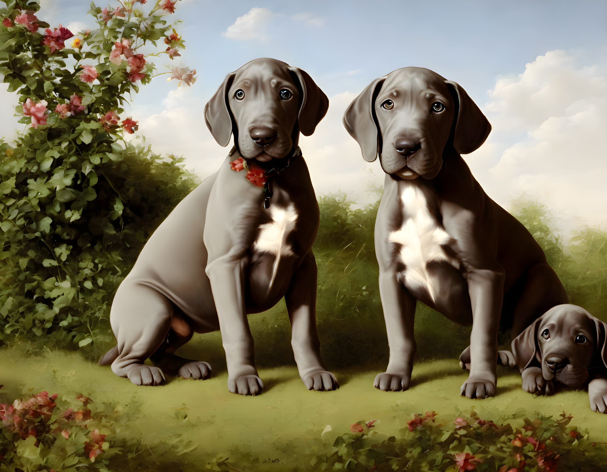 Three Great Dane Puppies in Garden with Flowers and Clear Sky