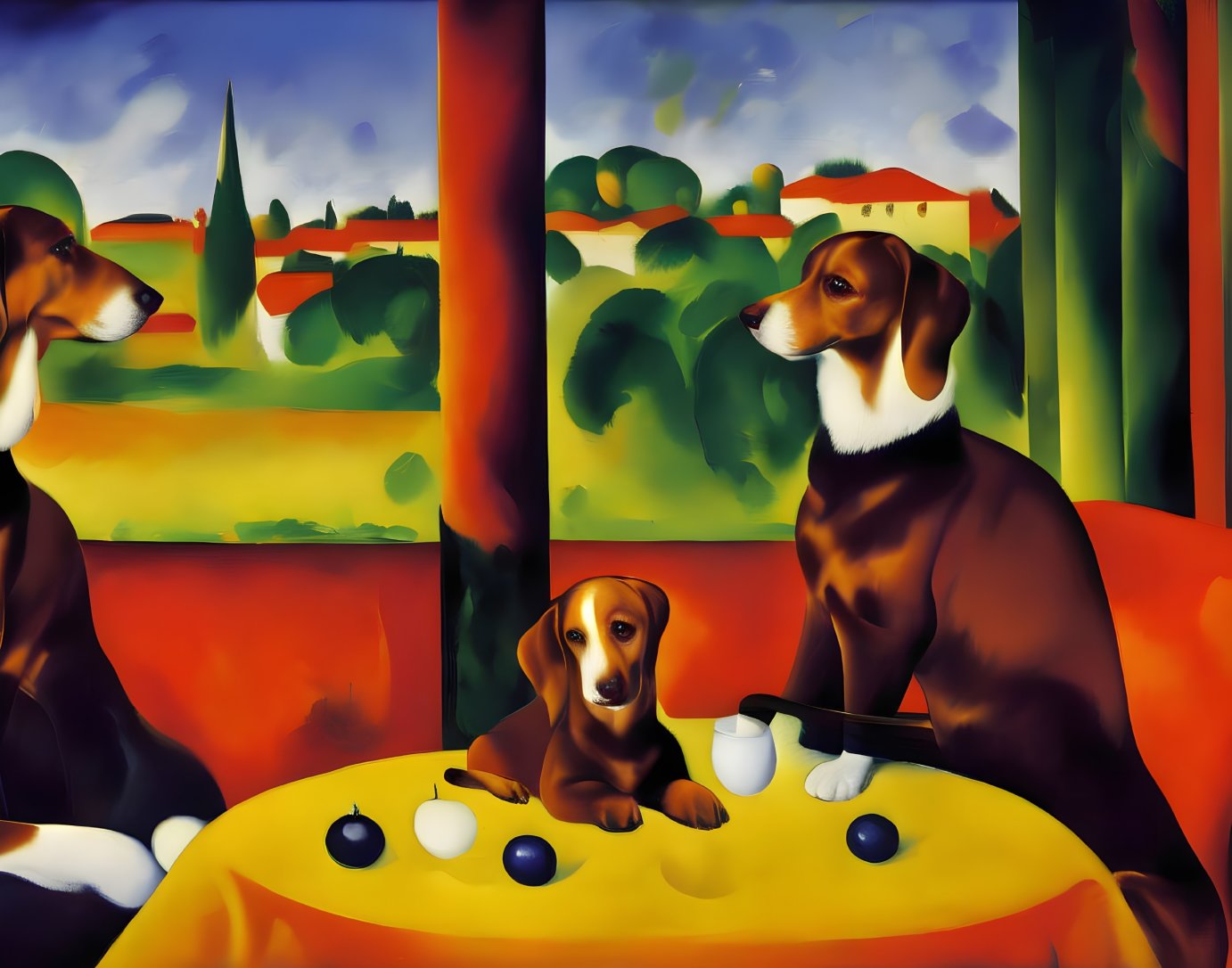 Whimsical painting featuring three dogs at a table