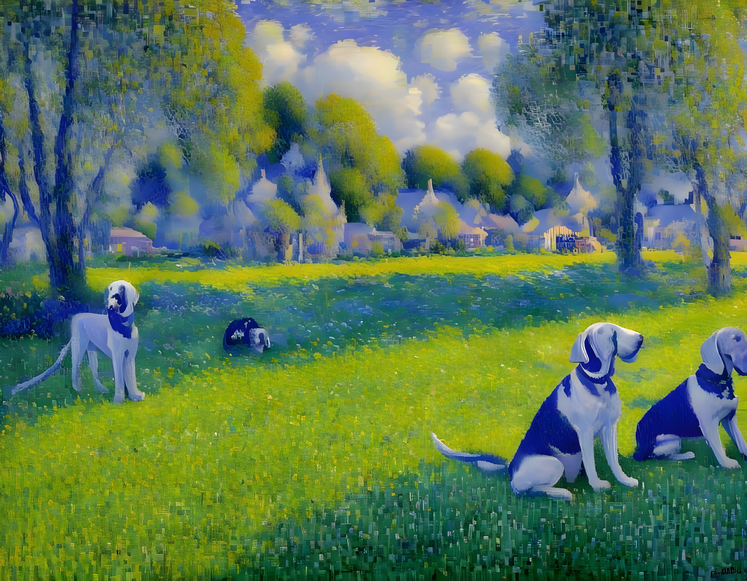 Vibrant impressionist-style landscape with three dogs