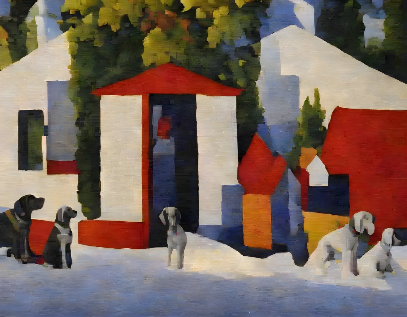 Vibrant painting featuring three dogs and abstract houses