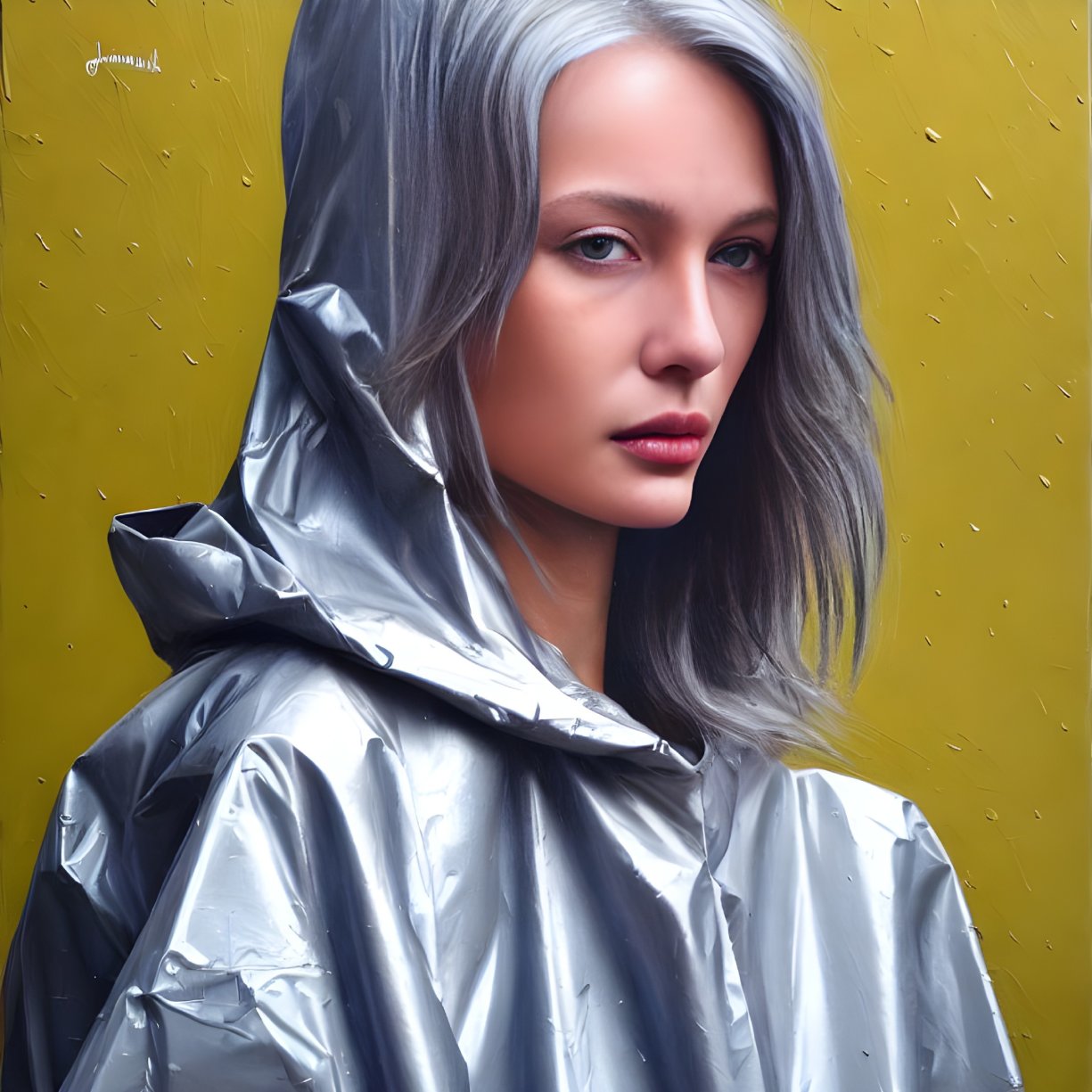 Silver-Haired Woman in Matching Raincoat on Yellow Background with Raindrops