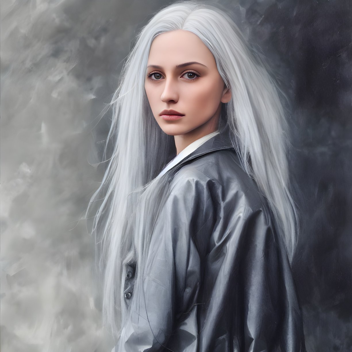 Digital portrait: Woman with silver hair and blue eyes in gray coat on smoky background