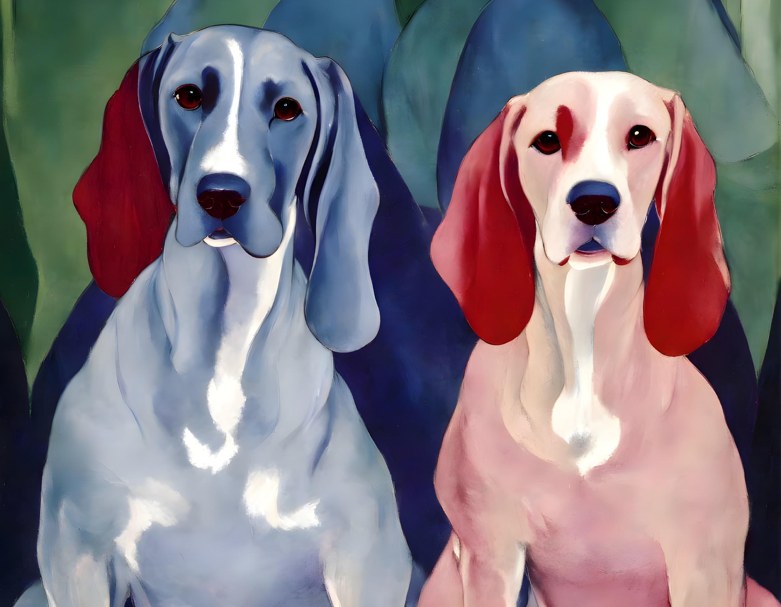 Colorful Stylized Dog Paintings: Blue & White Dogs with Elongated Ears on