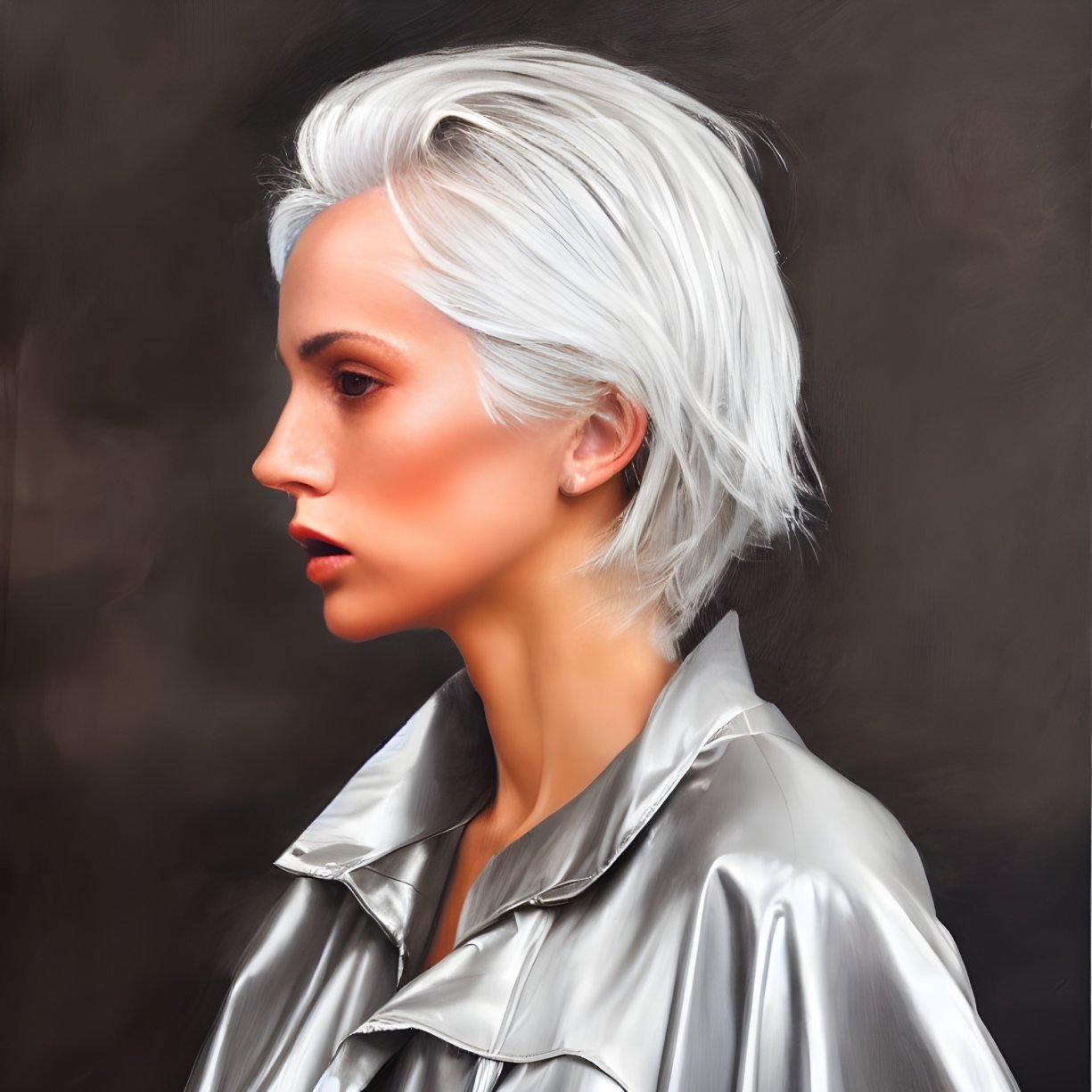 Profile of person with short white hair in metallic garment