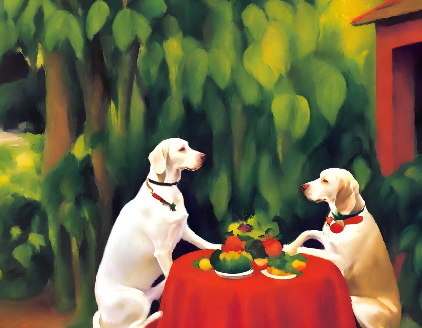 Two White Dogs Sitting at Table with Fruit in Garden Setting