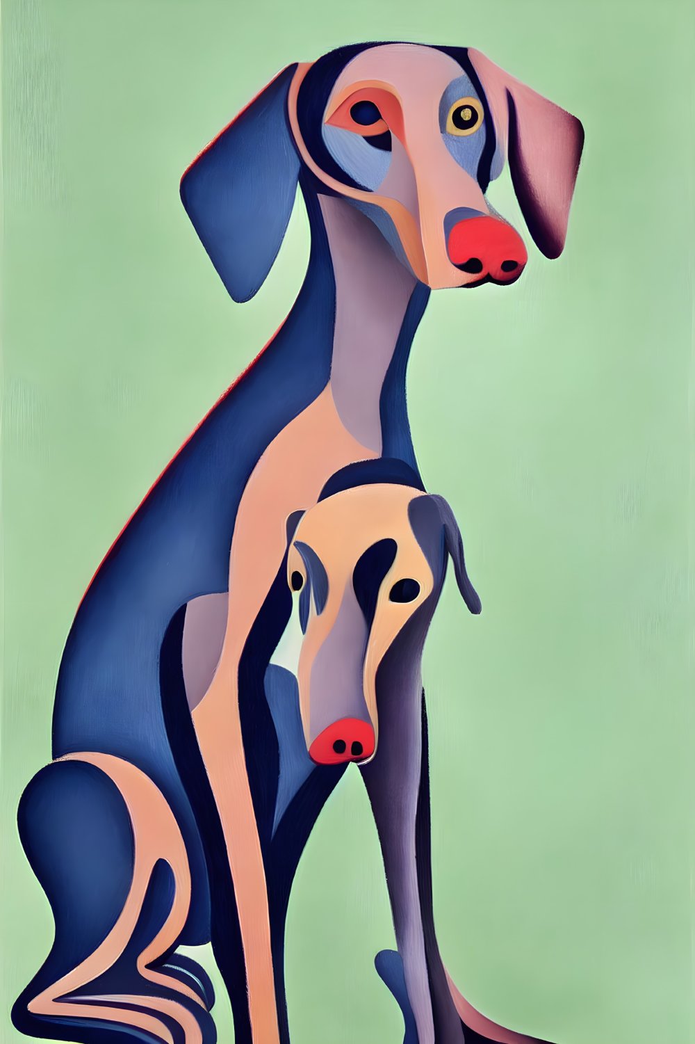 Abstract Art: Two Dogs in Exaggerated Style on Green Background