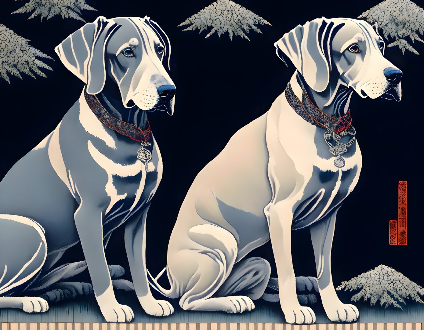 Stylized Great Danes with collars against dark background & plants