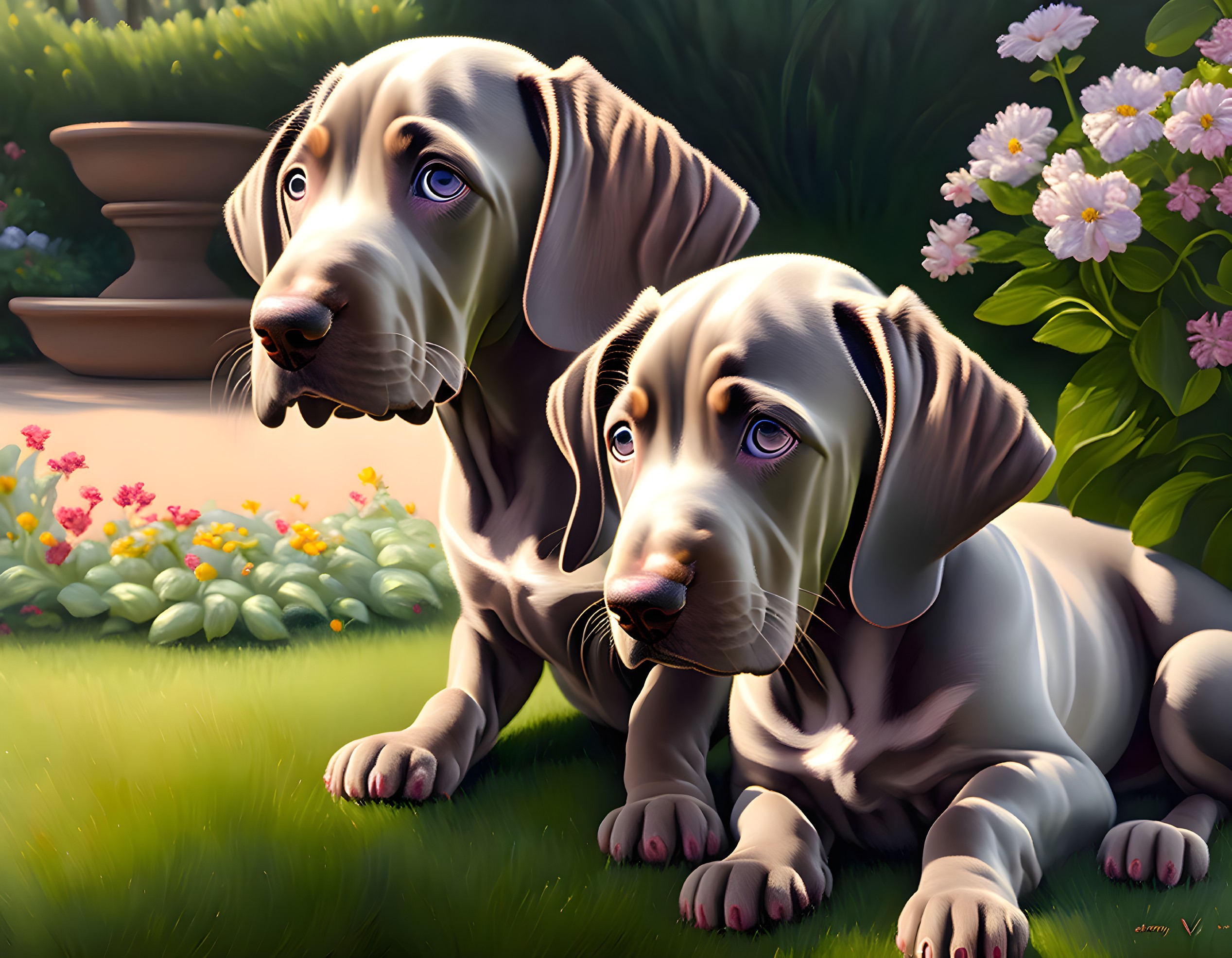 Two Weimaraner puppies in garden with blooming flowers and planter